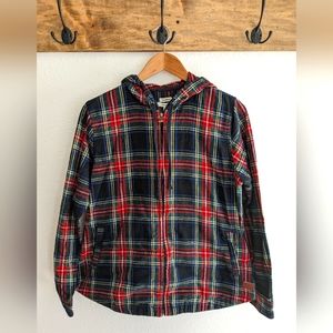 LL Bean flannel zip up hoodie black, red, blue, yellow, and white plaid size M